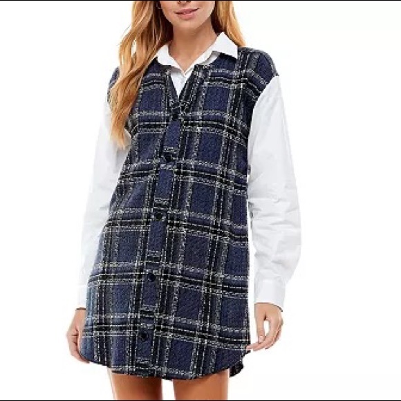 City Studio Dresses & Skirts - White Collared Long Sleeve Plaid Dress